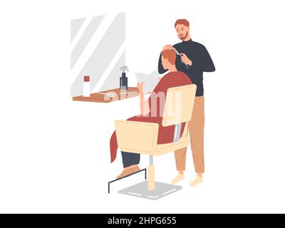 Friseur, der männlichen Kunden im Friseurladen bedient. Stock Vektor