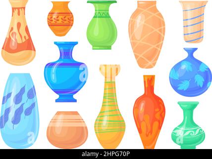 Farbige Keramikvasen. Cartoon Keramikvase, Porzellangefäß für Blumen, chinesisches asiatisches Objekt, alter Ton hoher Blumentopf, Dekor Glas bunten Krug, Vektor-Illustration. Vase Keramik zur Dekoration Stock Vektor