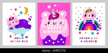 Geburtstagsfeier Süßigkeiten Grußkarten. Lustige Einhorn Kätzchen mit Kuchen und Regenbogen. Babygeschenke. Rosa magische Tiere. Magische Märchenfiguren. Kawaii Stock Vektor
