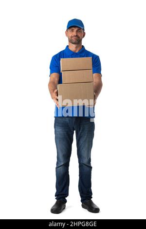 Delivery man mit Boxen isoliert auf weißem Hintergrund Stockfoto