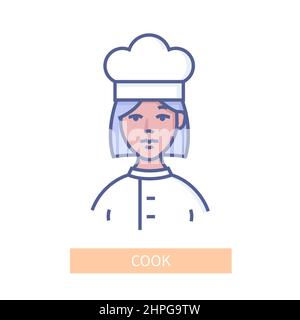 Cook – modernes, farblich gestalterisches Symbol auf weißem Hintergrund. Gepflegtes, detailreiches Bild der Frau in einer Chefmütze und einer weißen Jacke. Chef in der Küche, e Stock Vektor