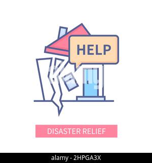 Katastrophenhilfe – Symbol im modernen farbigen Liniendesign auf weißem Hintergrund. Ordentlich detaillierte Bild von ruinierten Haus. Erdbeben, Hurrikan, natürlicher Katakus Stock Vektor