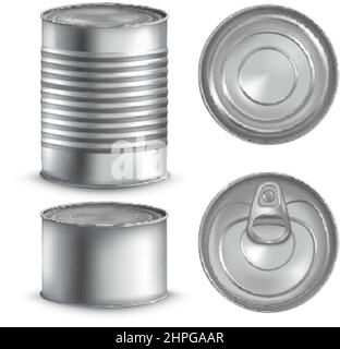 Realistische Blechdosen. 3D Mockup Metalldose, Stahlbehälter-Paket, Deckel aus Aluminiumdosen, Lebensmittelverpackung aus Aluminiumzylinder, Dosen aus Metallic-Silber, isolierte Vektorgrafik. Realistisches Zinnmetall Stock Vektor