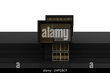 Vorderansicht hervorstehender Teil eines modernen Gebäudes in Schwarz. 3D Rendern Stockfoto
