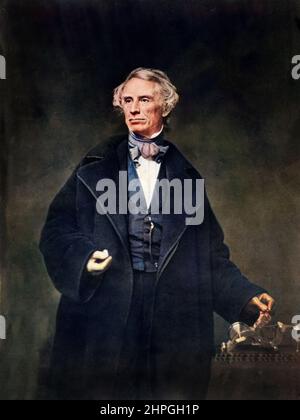 Portrait de l'inventeur americain Samuel Finley Breese Morse (1791- 1872) devant son invention. Stockfoto