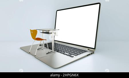 Digitales Klassenzimmer-Konzept für Online-Bildung. Moderner Klassenzimmer-Schreibtisch auf der Laptop-Tastatur. Soziale Fernbildung. 3D Rendern Stockfoto