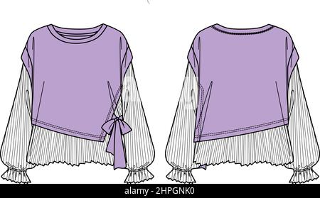 Vector Fashion Sketch Sweatshirt mit Plisse Detail, Frauen Sweatshirt technische Zeichnung, Mode CAD, langärmelige Rundhalsausschnitt oben flach, Vorlage. Flieht Stock Vektor