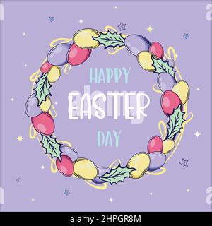 Frohe Ostern Grußkarte. Vektor-Illustration mit bunten Kranz von Eiern. Isoliert auf violettem Hintergrund. Stock Vektor