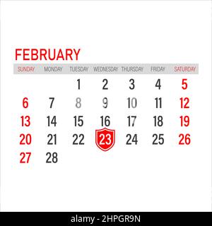 Februar 23 auf dem Kalender. Zeichnung auf weißem Hintergrund. Stock Vektor