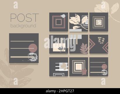 Set aus neun Vorlagen für Social-Media-Beiträge. Blattdrucke und geometrische Formen. Modernes Blog-Design. Stock Vektor