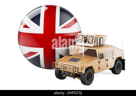 Militärfahrzeug mit britischer Flagge. Kampfverteidigung Großbritanniens, Konzept. 3D Darstellung isoliert auf weißem Hintergrund Stockfoto