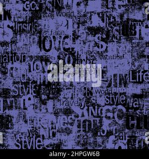 Abstrakte Grunge städtischen geometrischen Wörter, Buchstaben nahtlose Muster. Veraltete Zeitung, Magazin texturierten Papier Hintergrund. Lila schwarze Collage wiederholen te Stockfoto