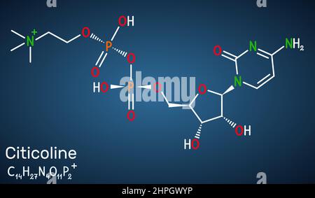 Citicolin, CDP-Cholin, Citidin-Diphosphat-Cholin-Molekül. Es wird als Nahrungsergänzungsmittel verwendet. Strukturelle chemische Formel auf dem Dunkelblau Stock Vektor