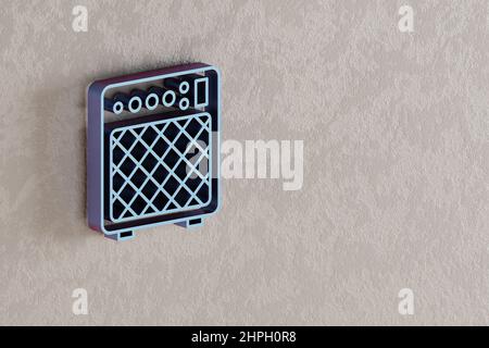 Symbol für elektrischen Gitarrenverstärker. Schöne blaue E-Gitarre Verstärker Symbol Symbole auf Wand Hintergrund. 3D Rendering-Illustration. Hintergrundmuster Stockfoto