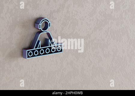 DJ mit Kopfhörersymbol. Schöner blauer DJ mit Kopfhörersymbolen auf Wandhintergrund. 3D Rendering-Illustration. Hintergrundmuster für Design. Stockfoto