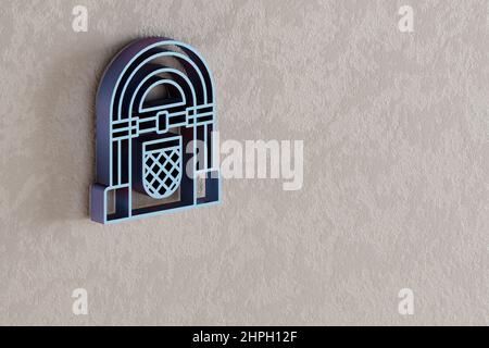 Vintage Jukebox-Symbol. Schöne blaue Vintage Jukebox Symbol Symbole auf der Wand hellen Hintergrund. 3D Rendering-Illustration. Hintergrundmuster für Design. Stockfoto