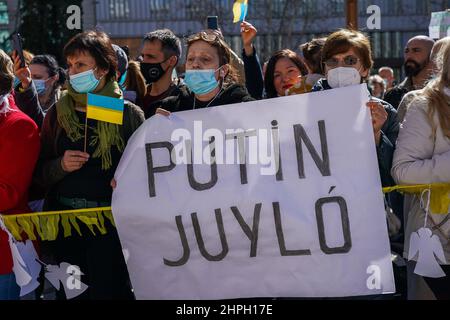 Madrid, Spanien. 20th. Februar 2022. Die Demonstranten sahen während der Demonstration gegen Putin und der möglichen russischen Invasion der Ukraine auf dem spanischen Platz in Madrid ein Transparent mit der Aufschrift „Stopp Putin“ halten. (Foto: Atilano Garcia/SOPA Images/Sipa USA) Quelle: SIPA USA/Alamy Live News Stockfoto