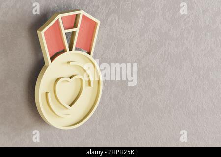 Schöne goldene Medaille Herz Symbol an der Wand hellen Hintergrund. 3D Rendering-Illustration. Hintergrundmuster für Design. Stockfoto