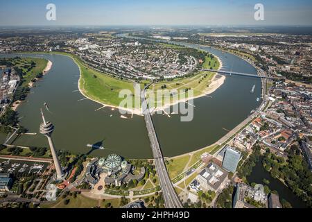 Luftaufnahme, Rheinturm und Landtag NRW am Rhein mit Rheinkniebrücke sowie Oberkasseler Brücke und Blick auf Oberkassel in Düs Stockfoto