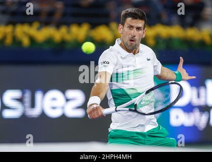 Dubai, VAE, 19th. Februar 2022. Der serbische Tennisspieler Novak Djokovic in Aktion beim Dubai Duty Free Tennis Championships Turnier im Dubai Duty Free Tennis Stadium am Samstag, 19. Februar 2022., © Juergen Hasenkopf / Alamy Live News Stockfoto