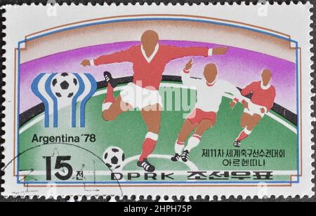 Abgesagte Briefmarke gedruckt von Nordkorea, die die Gewinner der FIFA-Weltmeisterschaft 1978 in Argentinien zeigt Stockfoto