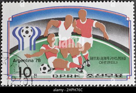 Abgesagte Briefmarke gedruckt von Nordkorea, die die Gewinner der FIFA-Weltmeisterschaft 1978 in Argentinien zeigt Stockfoto