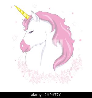 Niedliches Vektor-Einhorn. Magischer Charakter mit rosa Mähne umgeben von Sternstaub für Aufkleber, Karte, T-Shirt und witziges Kinderdesign. Stock Vektor