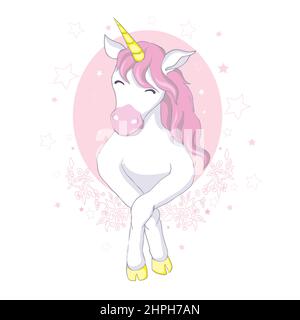 Niedliches Vektor-Einhorn. Magischer Charakter mit rosa Mähne umgeben von Sternstaub für Aufkleber, Karte, T-Shirt und witziges Kinderdesign. Stock Vektor