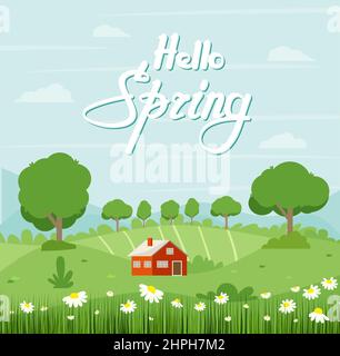 Hallo Frühling Grußkarte. Nette Illustration Hallo Frühling, Landschaft. Eps 10 Stock Vektor