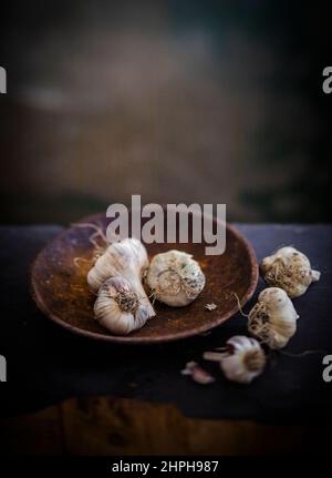 Stilisiertes Bild von Knoblauch, aufgenommen in einem Studio mit professioneller Beleuchtung Stockfoto