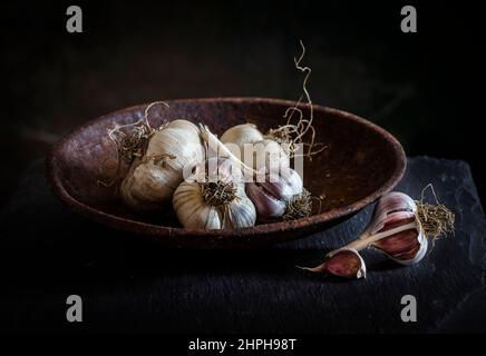 Stilisiertes Bild von Knoblauch, aufgenommen in einem Studio mit professioneller Beleuchtung Stockfoto