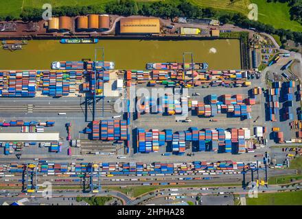 Luftaufnahme, Logport I, Terminal Containerhafen am Rhein im Landkreis Friemersheim in Duisburg, Ruhrgebiet, Nordrhein-Westfalen, Deutschland Stockfoto