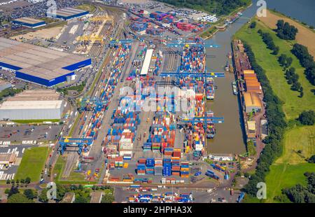 Luftaufnahme, Logport I, Terminal Containerhafen am Rhein im Landkreis Friemersheim in Duisburg, Ruhrgebiet, Nordrhein-Westfalen, Deutschland Stockfoto