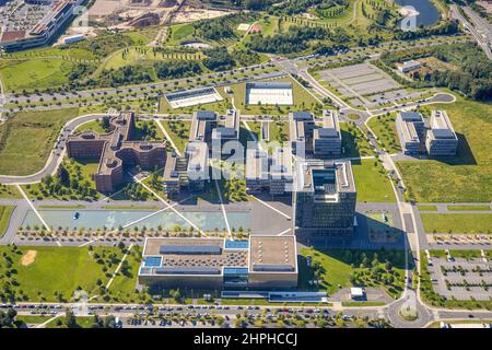 Luftaufnahme, thyssenkrupp Quarter Konzernzentrale im Westviertel in Essen, Ruhrgebiet, Nordrhein-Westfalen, Deutschland, DE, Essen, Europa, geöffnet Stockfoto