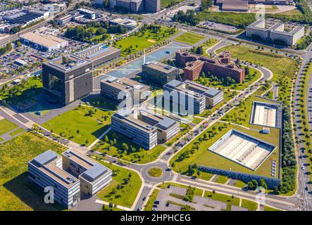 Luftaufnahme, thyssenkrupp Quarter Konzernzentrale im Westviertel in Essen, Ruhrgebiet, Nordrhein-Westfalen, Deutschland, DE, Essen, Europa, geöffnet Stockfoto