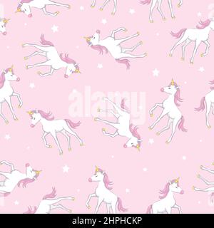 Niedliches Vektor-Einhorn. Magischer Charakter mit rosa Mähne umgeben von Sternstaub für Aufkleber, Karte, T-Shirt und lustige Kinder-Design. Niedliches Einhorn vecto Stock Vektor