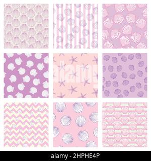 Set von seemannsfreien und nautischen Mustern in weißen und blassblauen Farben. Vektorgrafik. Stock Vektor