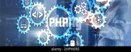 PHP-Codierungskonzept. Suche nach Programmierern. Technologiehintergrund. Stockfoto