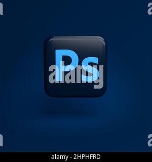 Logo der Foto-und Bildbearbeitungssoftware Programm Adobe Photoshop - ein großer Teil der Creative Cloud Apps Suite auf einer Kachel schwebt über einem nahtlosen Stockfoto