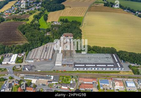 Luftaufnahme, Schürenfeld geplantes Industriegebiet an der Bundesstraße B233 Unnaer Straße, Cargo Fittt LKW-Werkstatt in der Liethe im Bezirk Dellw Stockfoto