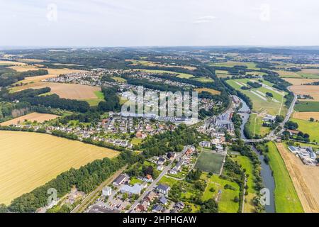 Luftaufnahme, Schürenfeld geplantes Industriegebiet an der Bundesstraße B233 Unnaer Straße im Bezirk Dellwig, Blick auf den Bezirk Langschede und Ein Stockfoto