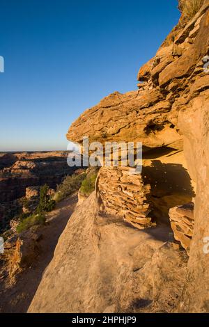 1000 Jahre alte Ruinen der indianischen Ancestral Puebran bei Sonnenuntergang im Canyonlands National Park in der Nähe von Moab, Utah. Ursprünglich als Lagerspeicher für verwendet Stockfoto