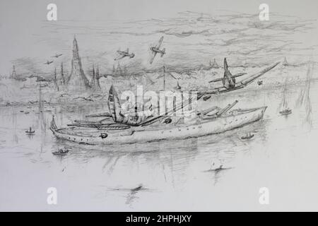 Spitfire und T6 Texan versenkten den Flaggschiffsnamen Sri Ayudhya im Jahr 1951 den Bürgerkrieg um den Chao Phraya River Bangkok Thailand. Stockfoto