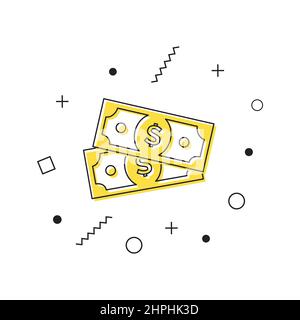 Symbolvektor für Dollarscheine. Gelbes Dollar-Symbol mit geometrischen Formen auf weißem Hintergrund. Geldsymbol. Vektor Stock Vektor