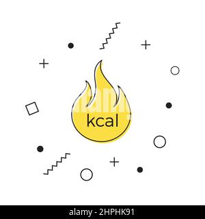 Kcal-Symbolvektor. Gelbes Kilokalorie-Feuersymbol mit geometrischen Formen auf weißem Hintergrund. Kalorienspritzer wirken Geschäftskonzept. Vektor Stock Vektor