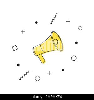 Symbolvektor für Megaphone. Gelbes Megaphon-Symbol mit geometrischen Formen auf weißem Hintergrund. Lautsprecher. Vektor Stock Vektor