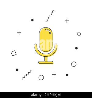 Symbolvektor für das Mikrofon. Gelbes Mikrofonsymbol mit geometrischen Formen auf weißem Hintergrund. Lautsprechersymbol. Podcast zum Konzept. Vektor Stock Vektor