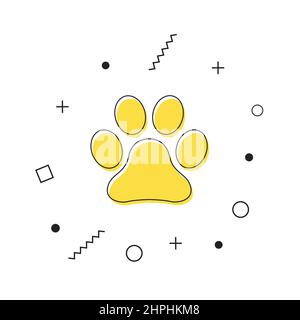 Symbolvektor für den Paw-Druck. Gelbes Symbol mit Katzenpfoten und geometrischen Formen auf weißem Hintergrund. Vektor Stock Vektor