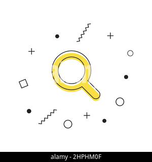 Symbolvektor suchen. Gelbes Lupensymbol mit geometrischen Formen auf weißem Hintergrund. Lupenschild. Vektor Stock Vektor