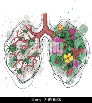 Gesunde und kranke Lungen, in Blüten und mit covid19 Viren. Konzept: Lungengesundheit Stock Vektor